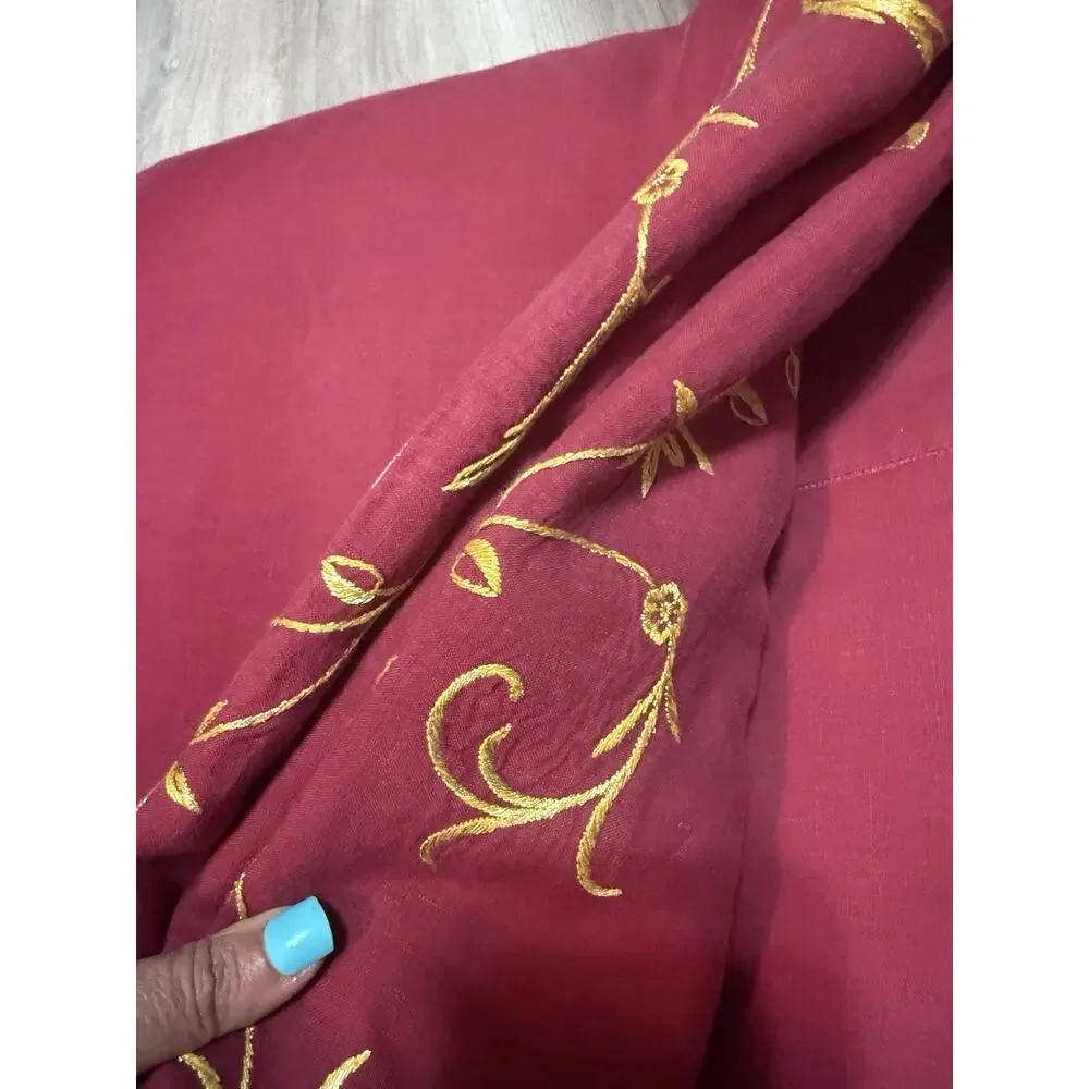 Vintage Linen Embroidered Bedspread 105x172 Red Gold Floral Handmade